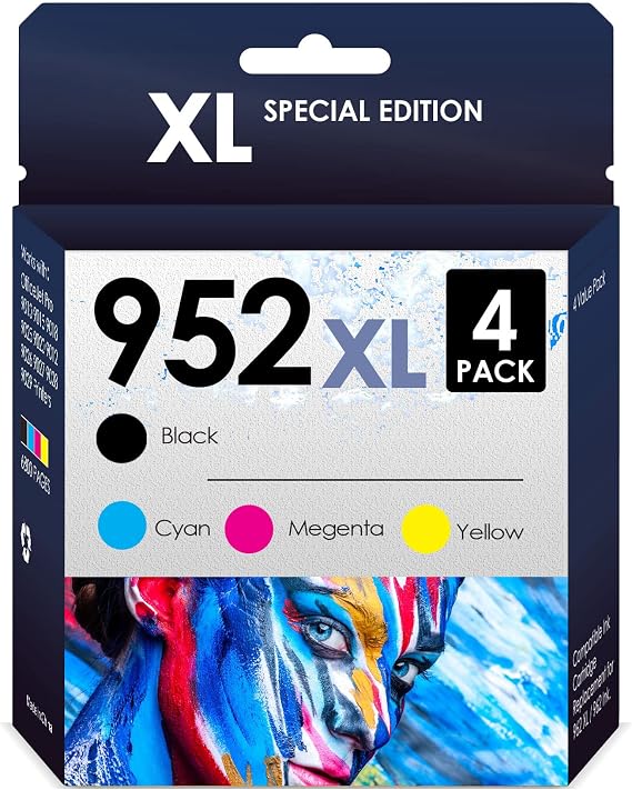 Combo Ink Cartridges HP 952XL. Works with HP Officejet Pro 8710 8720 7720 7740 8210 8702 8715 8725 8730 8740 Printers. 4 Pack (Black, Cyan, Magenta, Yellow)