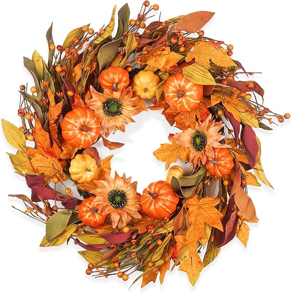 Fall Wreaths for Front Door 22 Inch, Autumn Wreath with Berry Pumpkin, Maple Leaves, Thanksgiving Harvest Festival Decorations Indoor and Outdoor