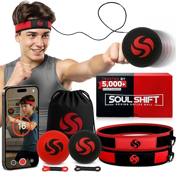Soul Shift - Boxing Reflex Ball Dual Competition Set | 2 Adjustable Headbands + 2 Training Balls + App Included | Speed, Agility & Hand-Eye Coordination for Adults & Kids | MMA Training Equipment