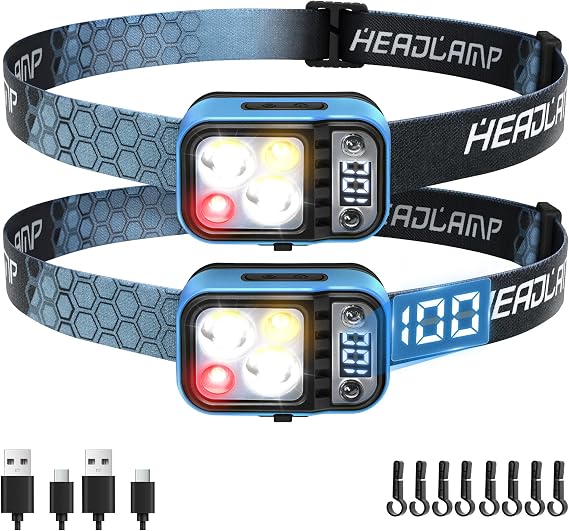 DARKDAWN 4 Modes Head Light Flashlight, Headlamp Flashlight | Rechargeable LED USB C Digital Power Display,with Up/Down Adjustable for Camping, Car Repairing, 2PCS
