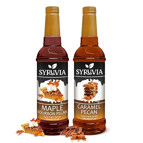 Syruvia Maple Bourbon Pecan & Caramel Pecan Coffee Syrup - 25.4 fl oz Premium Coffee Flavoring Syrup. No Coloring, Kosher, and Gluten-Free. Perfect for Drinks, Sodas, Shakes, Desserts, More.