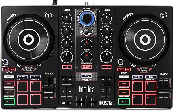 Hercules DJControl Inpulse 200 DJ controller with USB, ideal for beginners learning to mix - 2 tracks with 8 pads and sound card - Software and tutorials included