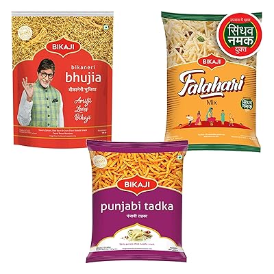 Bikaji Crunchy Spicy Pack Bhujia 1Kg & Falhari Mix 200g & Punjabi Tadka 200g authentic Indian Snacks Family Pack | Crunchy Namkeen, Party Mix, Bar Snacks & Teatime Treats