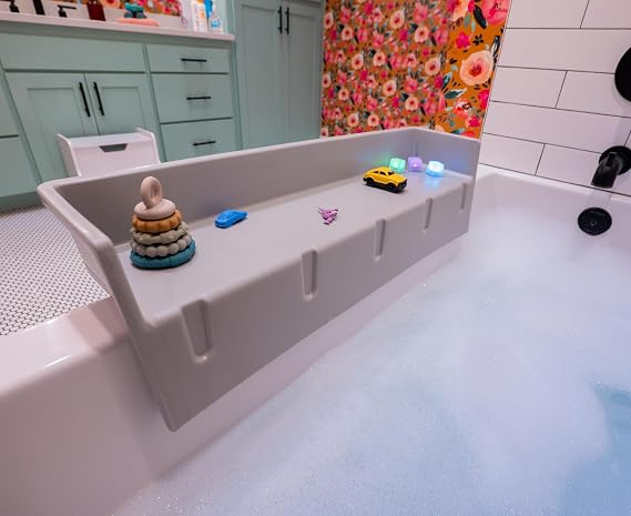 Tub Topper Kids Bathtub Splash Guard, Shelf & Toddler Bath Toy Tray - Gray