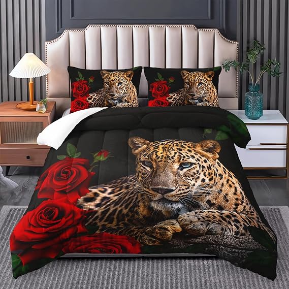 Leopard Print Comforter Set - King Size Cheetah Print Bedding, Red Rose King Size Comforter Sets