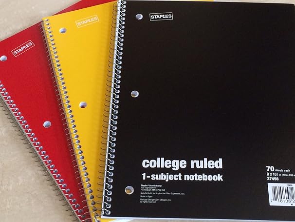 Staples College Ruled 1-Subject Notebook 70 Sheets 3 Pack Variety of Cover Colors