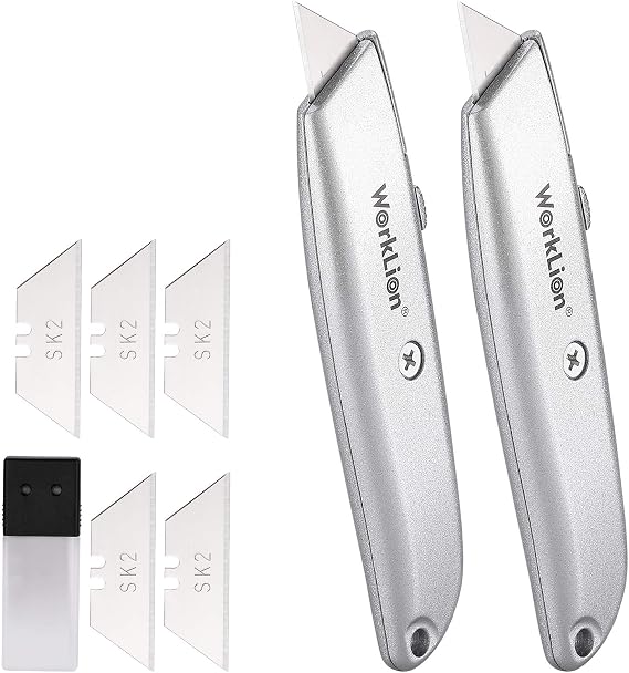 Retractable Utility Knife Box Cutter - 2 Pack Safety Box Cutters Retractable Metal Cutter Tool With 5 Replacement Blades Heavy Duty Box Cutter Knife