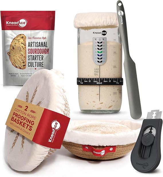 KneadAce Complete Sourdough Bread Baking Kit - 24oz Starter Jar, Cotton Rope Proofing Baskets, Magnetic Bread Lame, and Fast-Activation Sourdough Starter Culture for Perfect Artisan Loaves