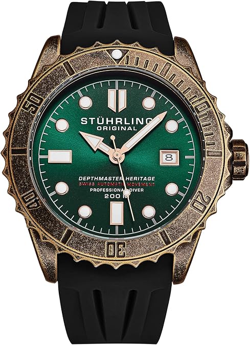 Stuhrling Original Mens Swiss Automatic Depthmaster Heritage Dive Watch with Rubber Strap