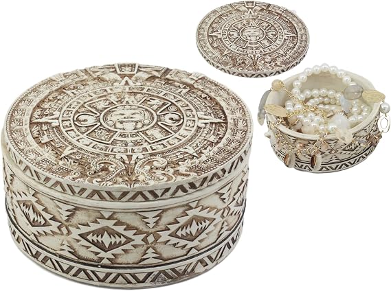 Ebros Round Mesoamerican Maya Aztec Jewelry Box Figurine 5"Diameter Solar Calendar Sun God Huitzilopochtli Decor