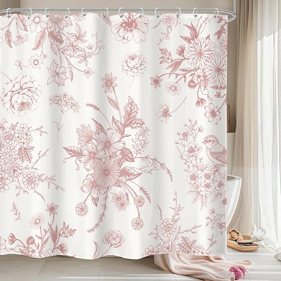Pink Floral Shower Curtain 72Wx72H Inches Vintage Boho Blossom Bird Retro Rustic Farmhouse Chinoiserie Aesthetic Cream Fabric Waterproof Polyester Bathroom Home Decor Set with Hooks