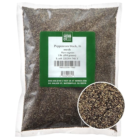 Black Peppercorn 16 Mesh, by Herb Co, Piper Nigrum Coarse Ground, From Indonesia, Kosher, Table Grind for Steaks, Rubs, Sauces, Soups & Everyday Cooking, 1 lb