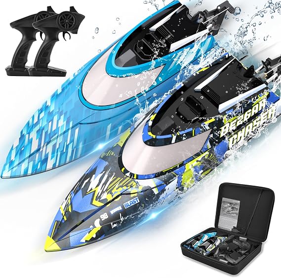 BEZGAR TX2P1,2 Packs 30 KPH RC Boats with Suitcase for Kids | 2 Packs 30 KPH High Speed; Portable Storage Suitcase; Remote control boats for Pools & Lakes