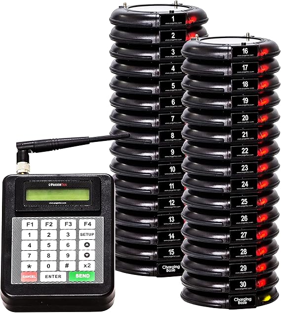 Complete Coaster Paging System for Restaurants, Hospitals & Hotels | Consists of: 1 Transmitter, 2 Charging Bases & Long Range Pagers (Set of 30 Units) | Up to 2 Miles in Range by PagerTec