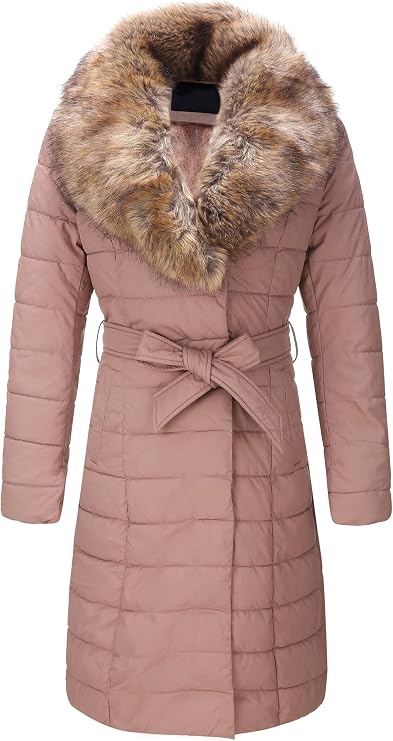 Womens Puffer Jacket Winter Thickened Plush Lining Long Warm Coat with Removable Fur Collar and Belt Outerwear
