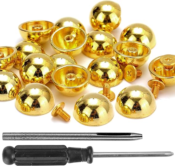 YORANYO 20 Sets 15X8MM Dome Spikes and Studs 19/32" Handbag Feet Gold Color Round Spikes Screw Back Studs and Spikes for Clothing Shoes Leather Craft Belts Bags Accessories with Installation Tool