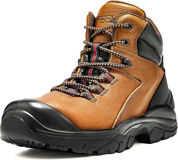 COOLJOB Steel Toe Work Boots for Men, Anti-spark Full Grain Leather Safety Shoes for Industrial Construction Workers, Soft Padded Lining, Non-slip PU Outsole, Impact Resistant Rubber Cap, Brown