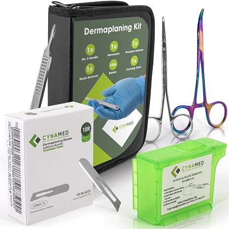 Dermaplaning Kit 5PC 100 Replacement Blades 10R, Premium Blade Remover, Precision Scissors, Hemostats, No.3 Handle & Carrying Case Professional Exfoliation Tools for Skincare Treatments