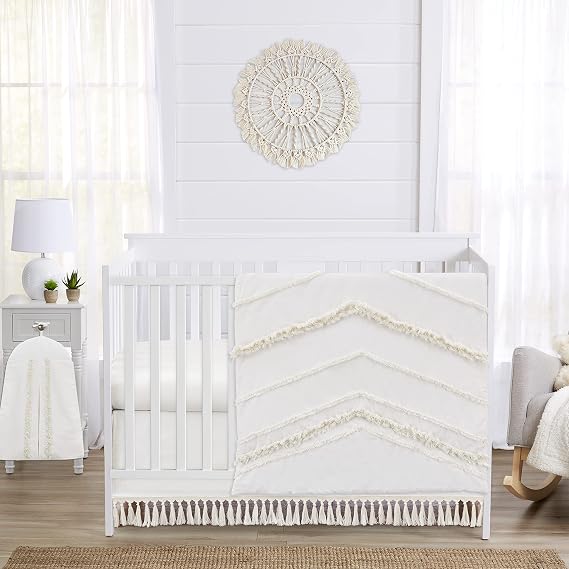 Sweet Jojo Designs Ivory Boho Chic Boy Girl Baby Crib Bedding Set Infant Nursery Room Solid Color Beige Cream Gender Neutral Bohemian Modern Farmhouse Designer Unisex Tassel Fringe Macrame Cotton