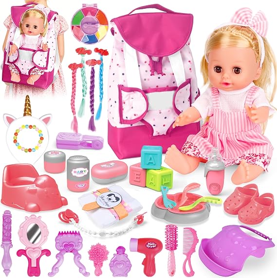 PROOU Baby Doll Playsets, 14'' Baby Dolls, 36PCS Hair Salon Pretend Play Toddler Doll Toys Incl Backpack, Hair Dryer, Curler, Birthday Gifts for Age 3 4 5 6+ Years Old Girls Kids