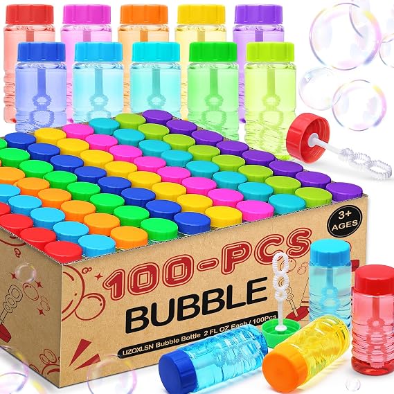 100 Pack 10 Neon Color Bubble Bottles Bulk, Wand Attached Cap Party Favor