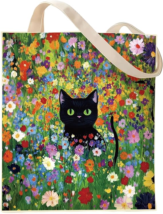Black Cat Tote Bag - Aesthetic Floral Painting Canvas Bags