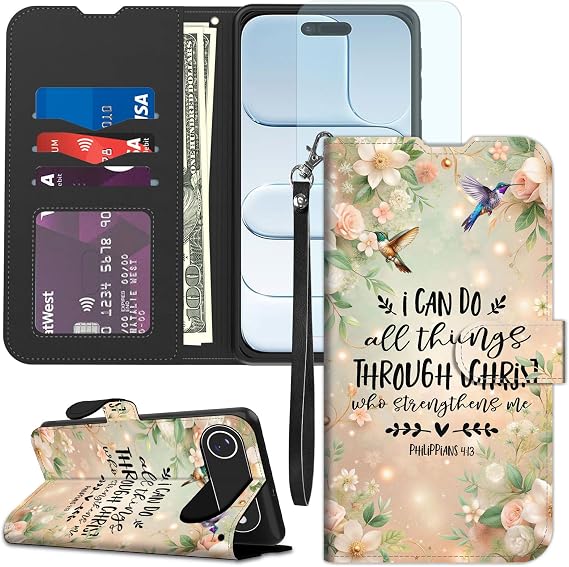 for iPhone Air Wallet Case with Screen Protector, PU Leather Flip Folio with RFID Blocking Card Holder & Kickstand, Shockproof Protective Cover for 6.5", Philippians 4:13