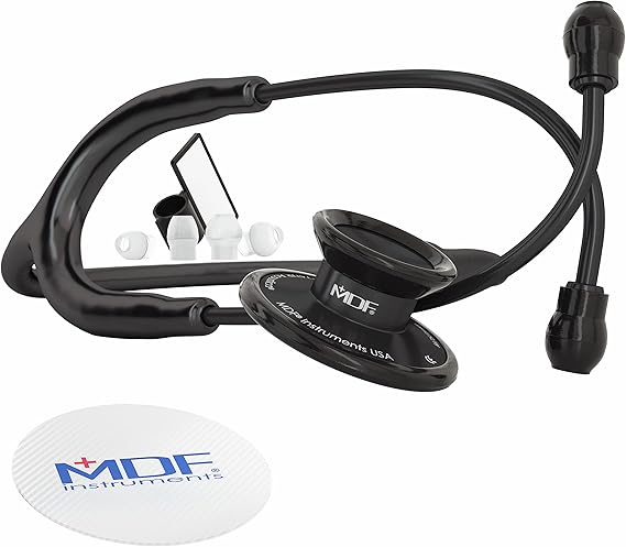 MDF Instruments, Acoustica Lightweight Stethoscope for Doctors, Nurses, Students, Home Health Use, Dual Head, Black Tube, Black Chestpiece-Headset, MDF747XPBO