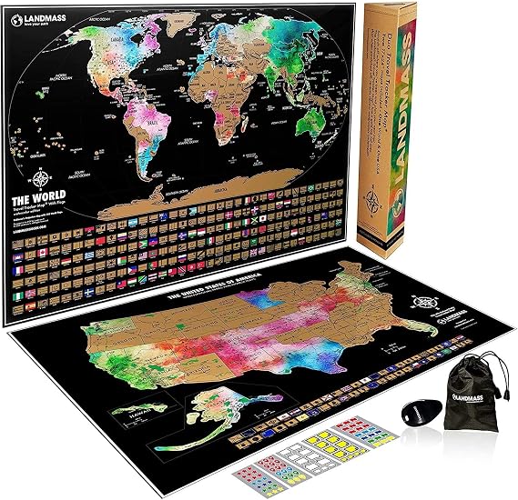 Landmass Scratch Off World Map Poster with Bonus USA Map, 24x17 Inches | Track Your Travels with Flags, Detailed World and USA Map, Wall Art for Home or Office