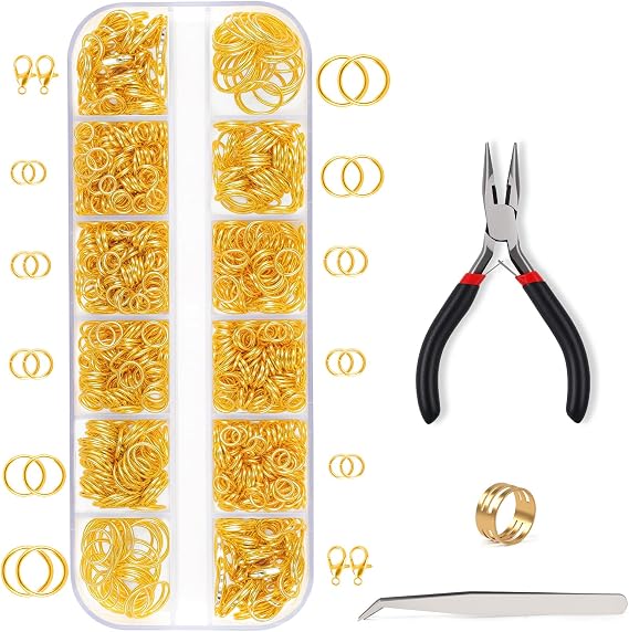 Phinus 1200P Gold Jump Rings, Jewelry Repair Kit with Jump Ring Pliers and Open Jump Rings, Assorted Sizes Jump Ring for Jewelry Making, Necklace, Keychains, Earrings, DIY Craft Making