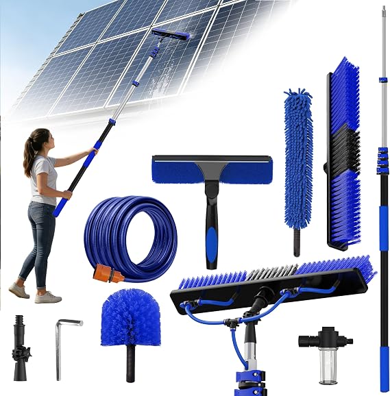 26FT Reach Solar Panel Cleaning Brush Kit with 5-20FT Telescoping Pole, 33FT Hose, 20" Water Fed Brush, Soap Dispenser, Cobweb Duster, Squeegee & High Ceiling Duster for Roof, RV, Gutter, Boat, Deck
