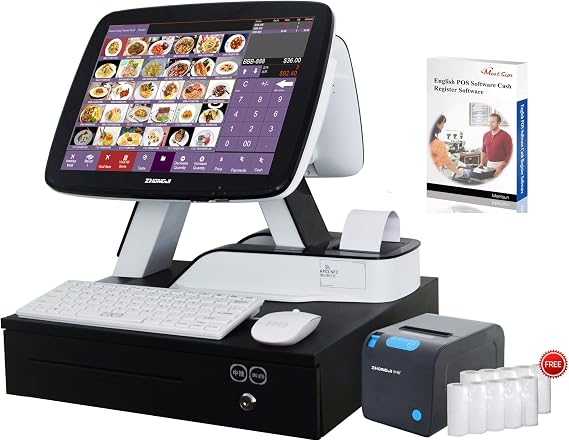 MEETSUN POS Cash Register 15'' Touch Screen Windows PC with Built-in 2 1/4'' Thermal Receipt Printer for Restaurant Businesses SET02