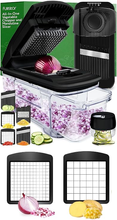 Fullstar All-in-1 Vegetable Chopper (6 in 1, Black) and 2pc Blade Replacement Set for Vegetable Chopper - Bundle of Chopper and Dice Blade Replacement (Big and Small Dice) - Kitchen Gadgets