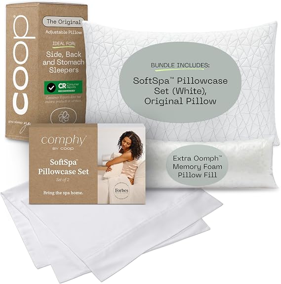 Comphy by Coop SoftSpa Pillowcase Set & Original Pillow King Bundle, Set Includes (1) Set of 2 SoftSpa Pillowcases, White and (1) Original Pillow