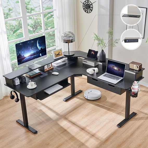 RedLemon 60 Inches L Shaped Electric Standing Desk, Carbon Fiber Black | Height Adjustable Corner Gaming Desk with Drawer, Keyboard Tray, Power Outlets & LED Lights, Computer Desk w/ Monitor Shelf