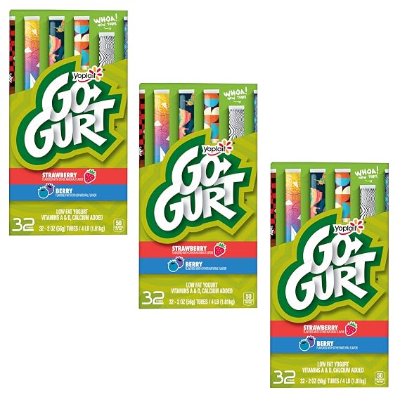 Yoplait Go-Gurt Kids Yogurt, Variety Pack, Vitamin A and D, Calcium Added, Strawberry and Berry Flavored with Other Natural Ingredients - 3 Pack (32ct, 64 oz. Each) - Ready Set gourmet Donate a Meal Program