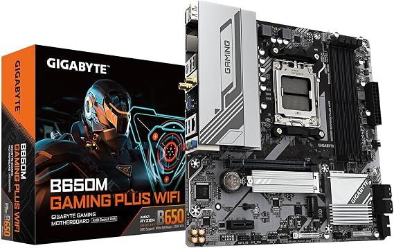 GIGABYTE B650M GAMING PLUS WIFI AMD AM5 mATX Motherboard, Support Ryzen 9000/8000/7000 Series, DDR5, 5+2+2 Power Phase, 2x M.2, PCIe 4.0, USB-C 3.2 Gen 1, WIFI6E, 2.5GbE, EZ-Latch, Q-Flash, RGB Fusion