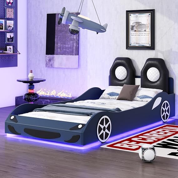 Harper & Bright Designs Race Car Bed with LED Light and Backrest Headboard, Kids Bed Frame with Wheels and Wood Slat Support for Kids Boys Girls, No Box Spring Needed, Space Saving, Blue