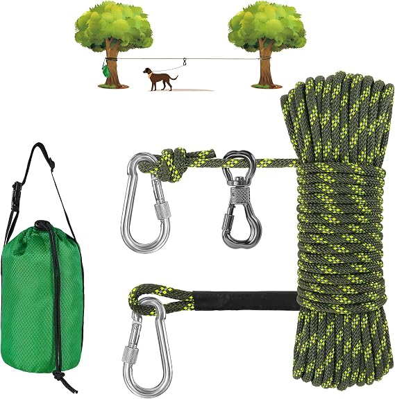XiaZ Dog Tie Out Cable for Camping, 100ft Portable Overhead Trolley System for Dogs up to 200lbs,Dog Lead for Yard, Camping, Parks, Outdoor Events,5 min Set-up