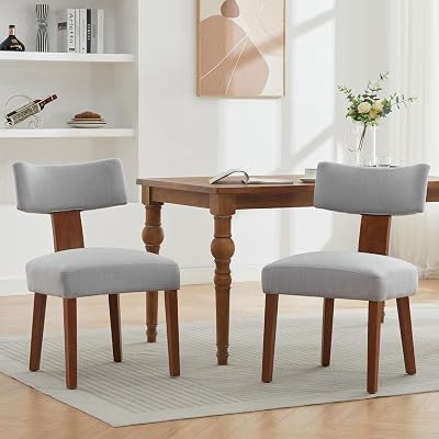 FOXHUNTER Upholstered Dining Chairs Set of 2, Modern Wooden Armless Kitchen Chairs with Curved Backrest, Mid-Century Farmhouse Dining Side Chairs, Linen Gray
