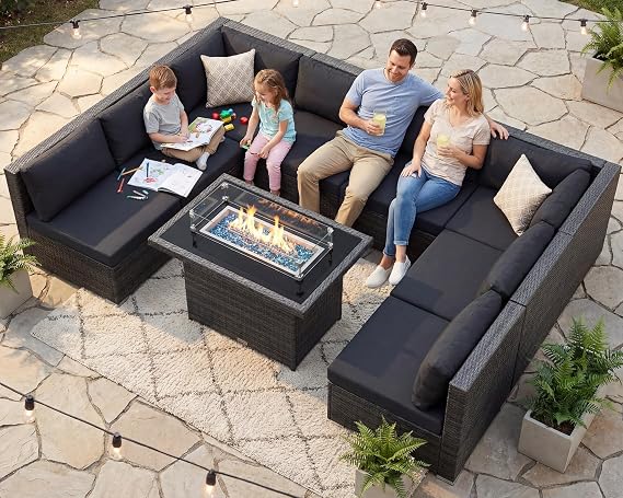 RADIATA 9 Piece Patio Furniture Set with Fire Pit Table, Grey & Black | High Back, Large Deep Seating, All-Weather Wicker, Natural Gas & Propane, Modular Sectional Sofa, Backyard Lawn Garden