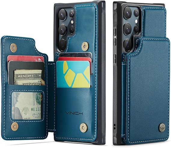 Vinich for Samsung Galaxy S22 Ultra Wallet Case with Card Holder, Blue | RFID Blocking Credit Slots, Kickstand, Shockproof Flip Phone Cover, PU Leather, Double Magnetic Clasp