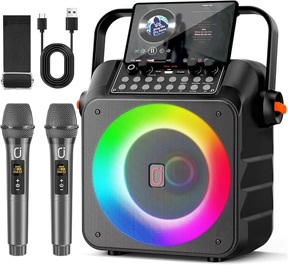 HWWR Karaoke Machine for Adults, Portable Bluetooth Speaker with 2 Wireless Microphone, PA System with 6.5" Subwoofer, Supports Vocal Remover, REC, Singing Machine for Party, Home (Black)