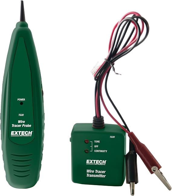 Extech TG20 Wire Tracer Kit and Tone Generator, Cable Locator | Traces wires/cables, non-contact probe, RJ11 and alligator clips, adjustable sensitivity, continuity, two 9V