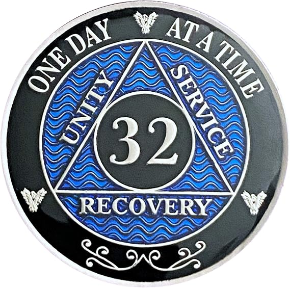 Simply Minimal AA 32 Year Silver Color Plated Recovery Coins, Alcoholics Anonymous Medallions (Blue AA 32 Year Medallion)