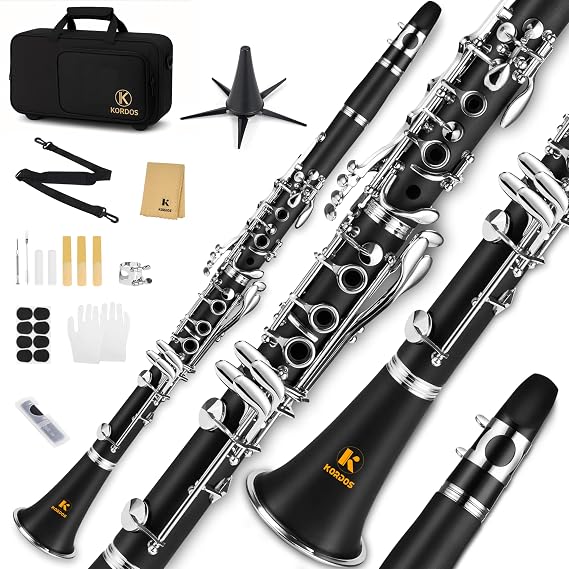 Bb Clarinet B Flat for Beginner Student Nickel-Plated with 2 Replaceable Barrels for School Band Orchestra adult kid with Hard Case, Mouthpiece, Stand, Cleaning Kit, Gloves, Strap, 3 Reeds