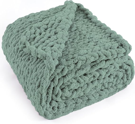 Chunky Knit Throw Blanket 50x60, 100% Handmade Chenille Yarn