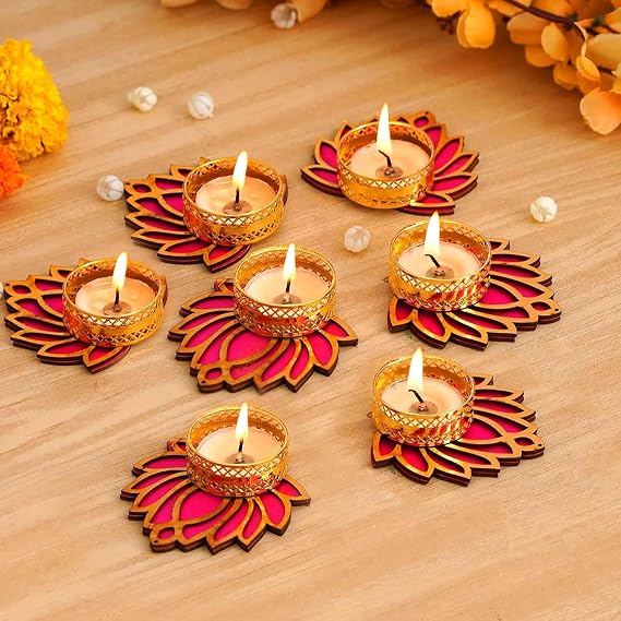 TIED RIBBONS Lotus Tealight Candle Holder | Set of 7, MDF | Tealight Diya for Diwali Decor, Pooja Decorations for Home, Diwali Decorations, Ganesh Chaturthi, Indian Decor