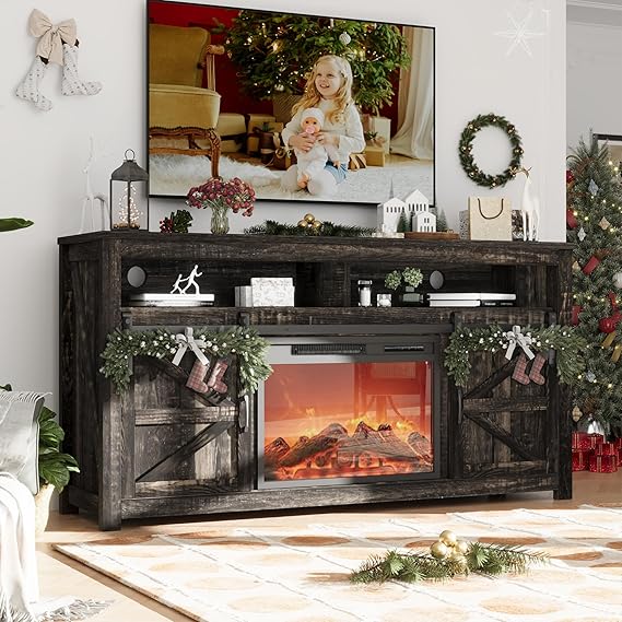 Fireplace TV Stand for TVs Up to 70", Entertainment Center with 23" Electric Fireplace Includes 12 Color Light Options, Black TV Stands for Living Room, Bedroom, 58 inch TV Stand.