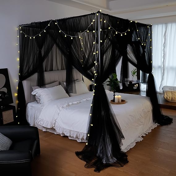 Black Canopy Bed Curtains 4 Corners Post Princess-Style for Girls
